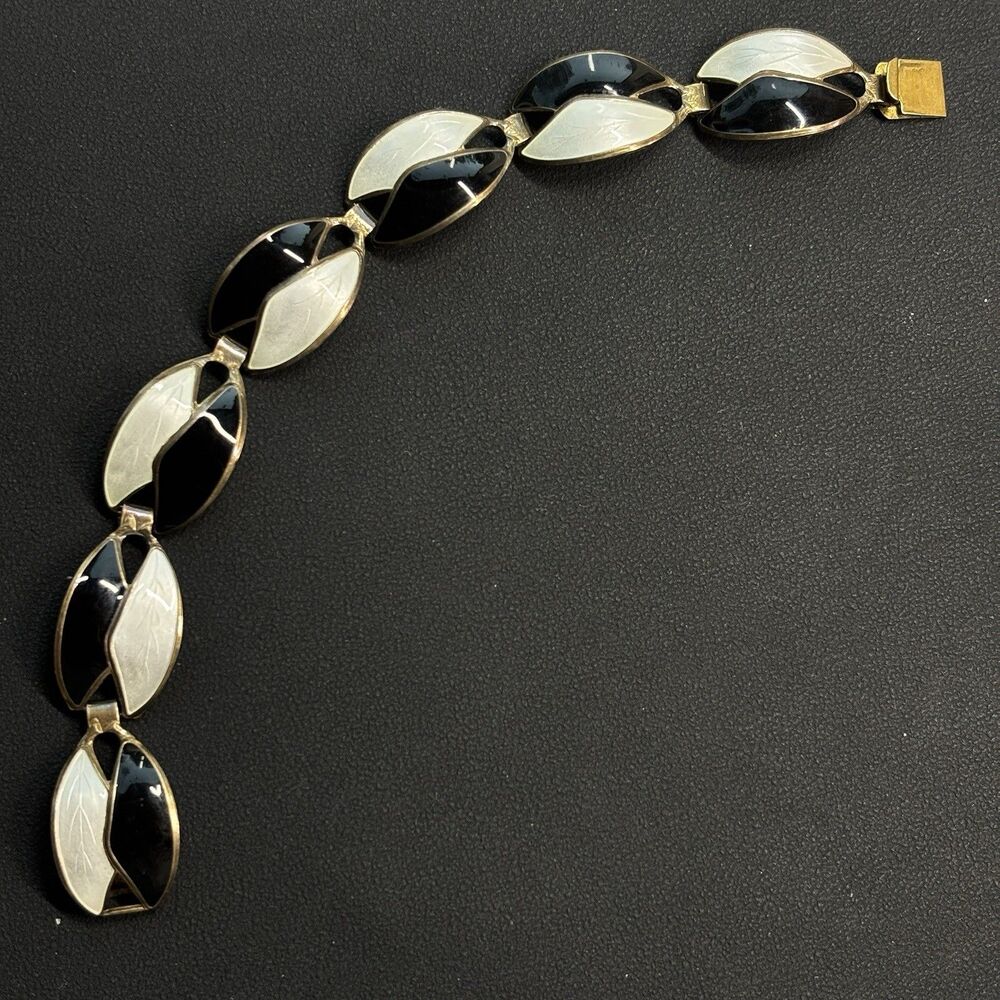 Andresen & Scheinpflug Norway 925 Sterling Black White Enamel Leaf Bracelet